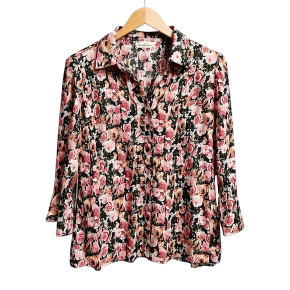 Tradition Tops - Tradition Pink Cabbage Rose Accordion Pleated Ruffled Button Front Blouse Sz 16